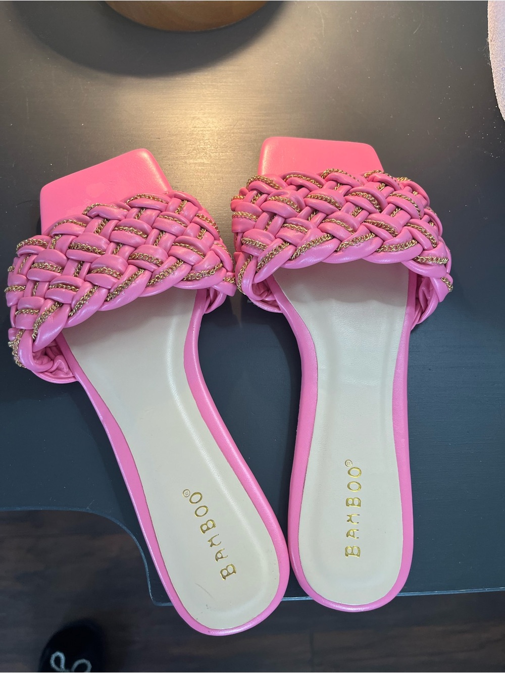 BAMBOO Pink Braided Chain-Trim Slide Mules